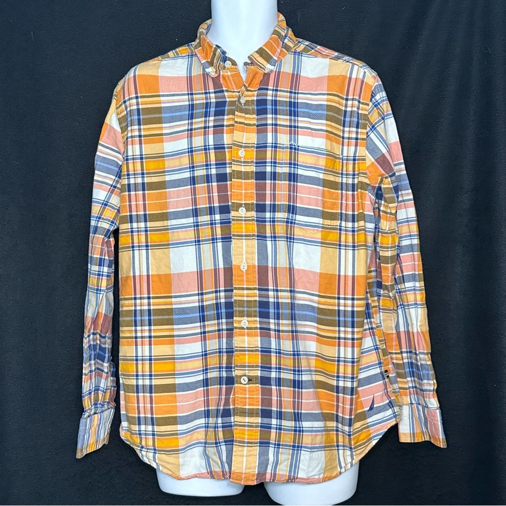 Nautica Men's L Orange Plaid Classic Fit Long Sleeve Button Down Shirt